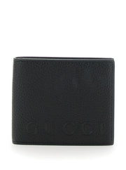 Gucci Men Black Bi-Fold Wallet With Embossed Logo Lettering On The Front In Grained Leather Man