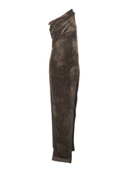 Rick Owens Women 'Athena Arrowhead' Brown Asymmetric Long Dress With Ruched Neckline And Side Single Slit In Viscose Blend Woman