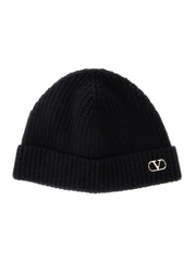 Valentino Garavani Men Black Knit Beanie With Vlogo On The Front In Cashmere Man