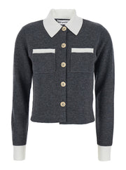Self-Portrait Women Grey Cropped Cardigan With Contrasting Classic Collar And Two Front Patch Pockets In Wool Blend Woman