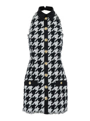 Balmain Women Black And White Halterneck Mini Dress With Houndstooth Motif In Tweed And Satin Woman