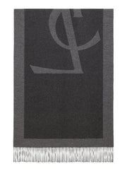 Saint Laurent Women Grey Scarf With Maxi Logo Lettering And Fringed Hem In Silk Woman