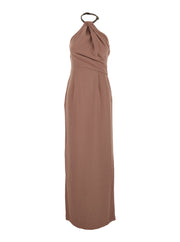 Solace London Women 'Riva' Brown Long Dress With Rhinestone-Embellished Neckline And Drape Details In Twill Woman