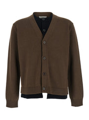 Jw Anderson Men Brown Cardigan With V-Neck And Layered Design In Fabric Man