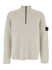 Stone Island Men White Sweater With Logo Patch On The Sleeve And Front Half Zip Closure In Wool Stretch Man