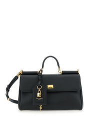 Dolce & Gabbana Women 'My Sicily' Black Medium Handbag With Lock Detail And Adjustable Removable Leather Shoulder Strap For Women