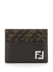 Fendi Men Squared Ff Card Holder In Leather And Ff Canvas Brown Men