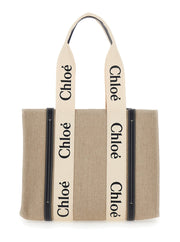 Chloé Women Handbag 'Medium Woody' With Logo Lettering On The Front In Beige Linen For Women