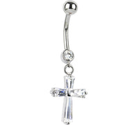 16G Solid 14k White Gold Cubic Zirconia Cross Dangle Belly Ring