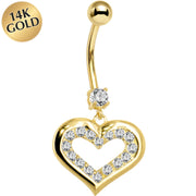 16G Solid 14K Yellow Gold CZ Encased Heart Dangle Belly Ring