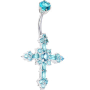 Sterling Silver 925 Aqua Cubic Zirconia CROSS Belly Ring