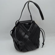 Geometric Wide Weave Bucket Bag with Triangular Top Handle