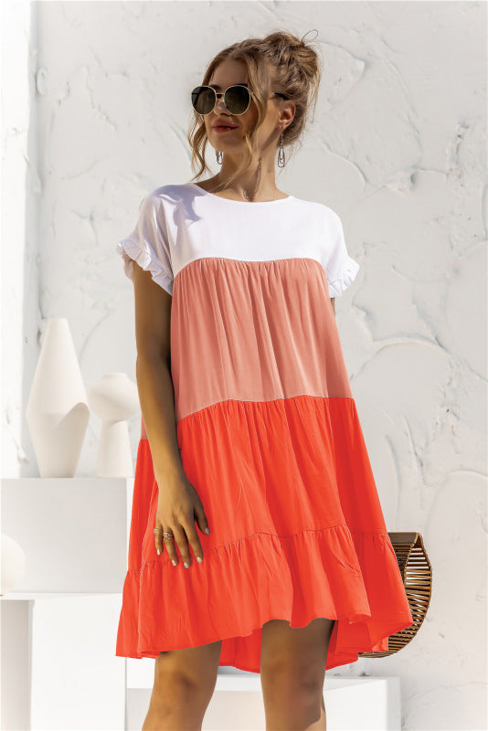 Robe-chemise bébé ample à manches courtes et blocs de couleur pour femme 