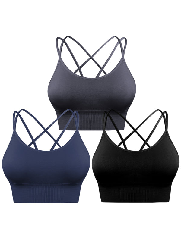 3 Pack Women’s Sports Bra Padded Crisscross Yoga Bra Seamless Medium-Impact Fitness Activewear - black + dark grey