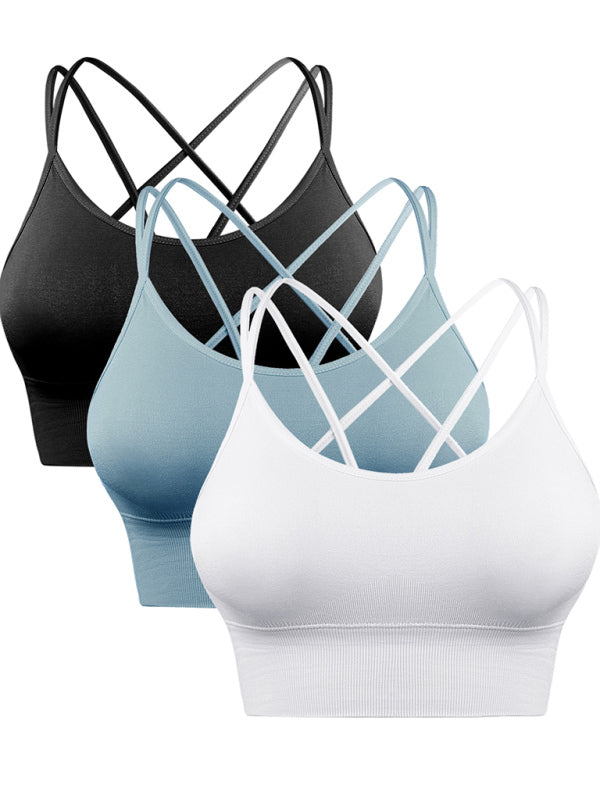 3 Pack Women’s Sports Bra Padded Crisscross Yoga Bra Seamless Medium-Impact Fitness Activewear - black + sky blue