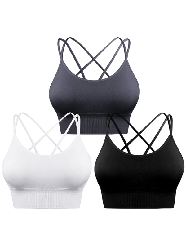 3 Pack Women’s Sports Bra Padded Crisscross Yoga Bra Seamless Medium-Impact Fitness Activewear - black + white + dark