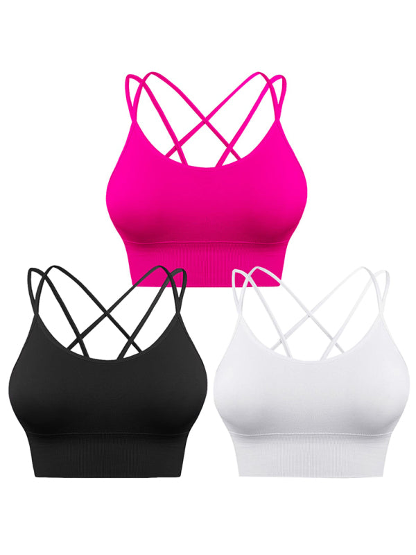 3 Pack Women’s Sports Bra Padded Crisscross Yoga Bra Seamless Medium-Impact Fitness Activewear - Black + white + rose