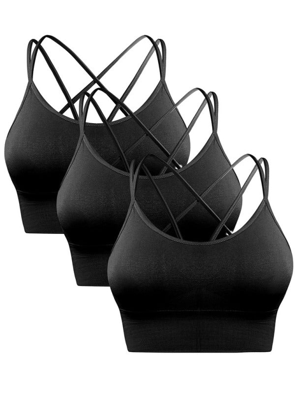 3 Pack Women’s Sports Bra Padded Crisscross Yoga Bra Seamless Medium-Impact Fitness Activewear - black + black