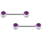 Purple Double Front Gem Stainless Steel Barbell Set