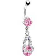 Pink Gem Encrusted Hollow Heart Dangle Belly Ring