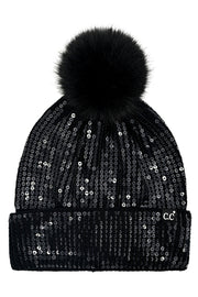 C.C Women's All Over Clear Sequin Pom Beanie