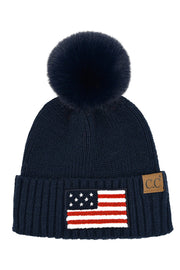 C.C Women's USA American Flag Chenille Patch Pom Beanie 4th of July