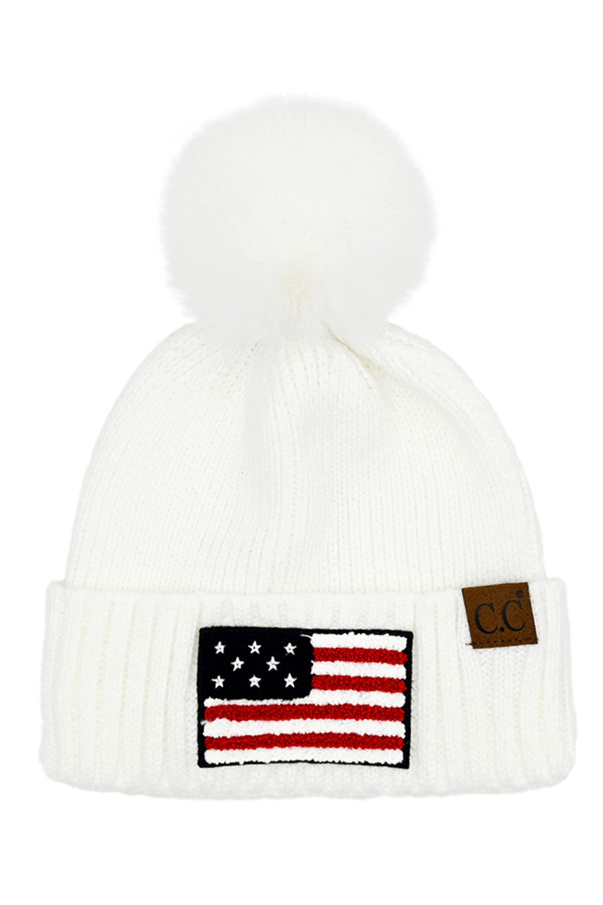 C.C Women's USA American Flag Chenille Patch Pom Beanie 4th of July