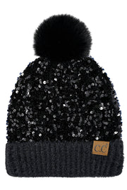 C.C Women's Sequin Fur Pom Beanie
