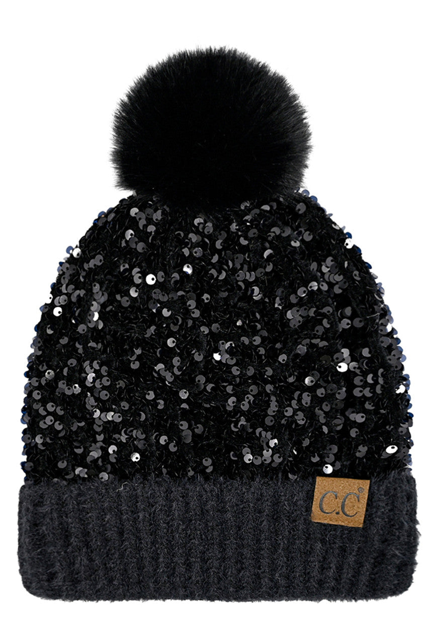 C.C Women's Sequin Fur Pom Beanie