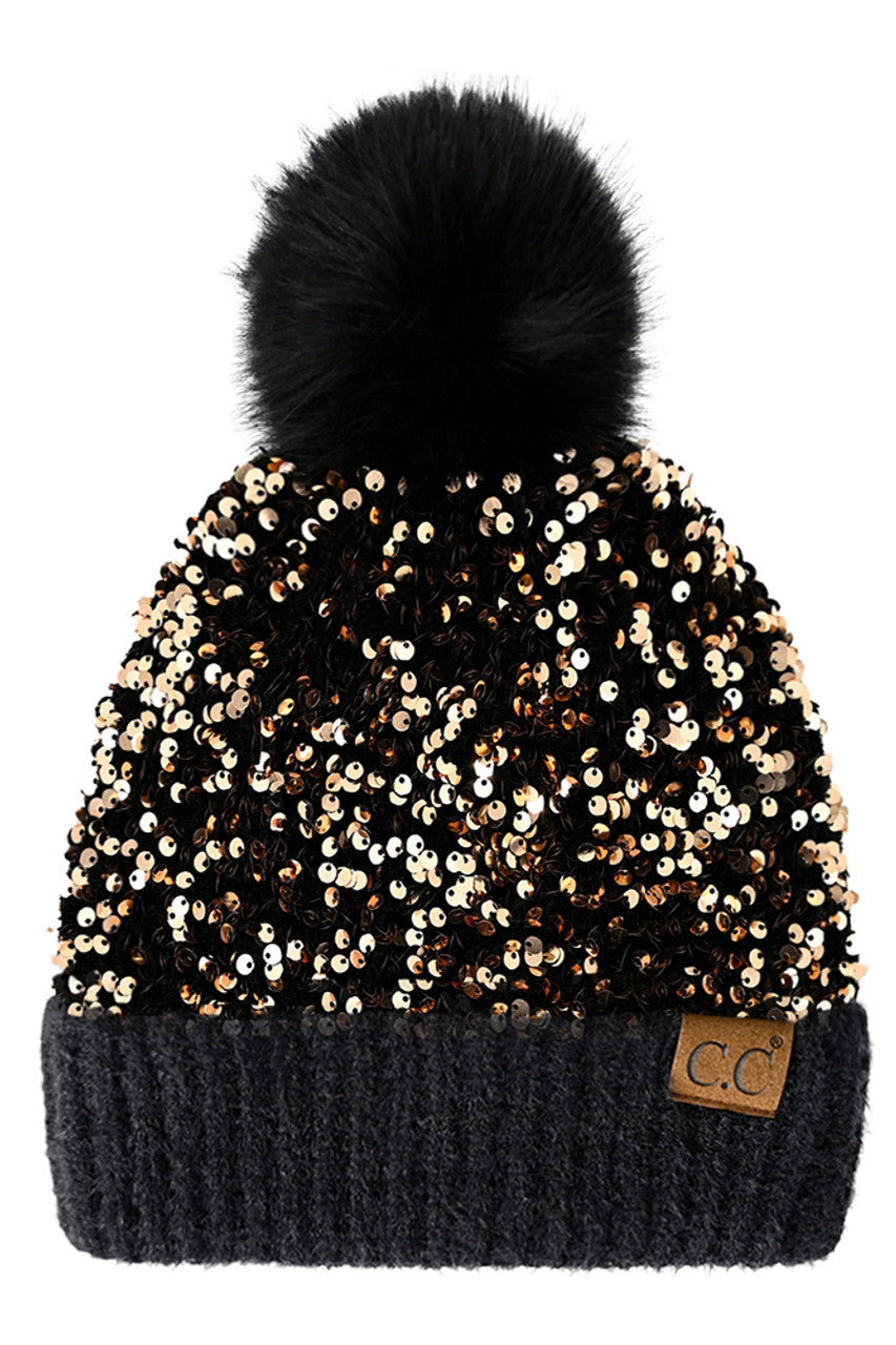 C.C Women's Sequin Fur Pom Beanie