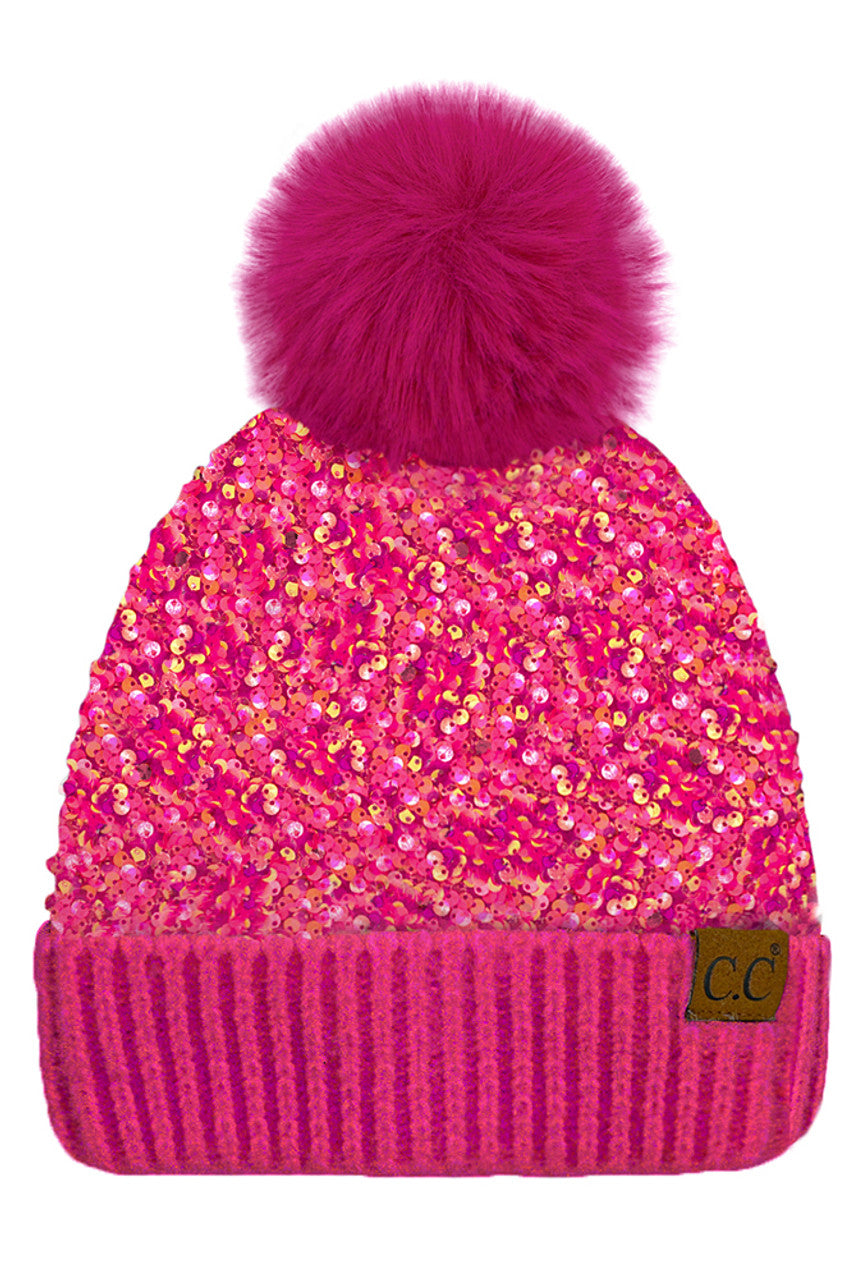 C.C Women's Sequin Fur Pom Beanie