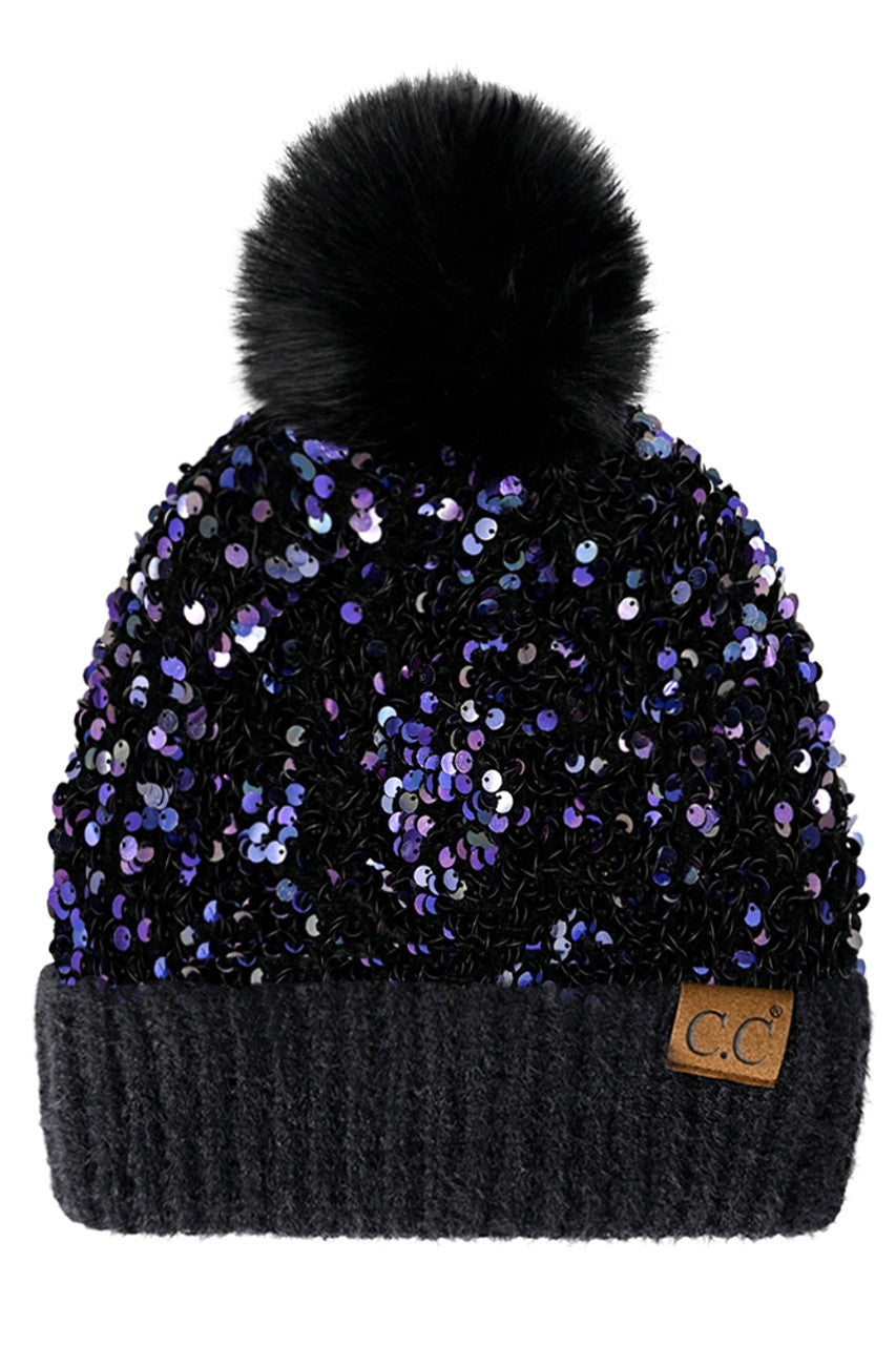 C.C Women's Sequin Fur Pom Beanie