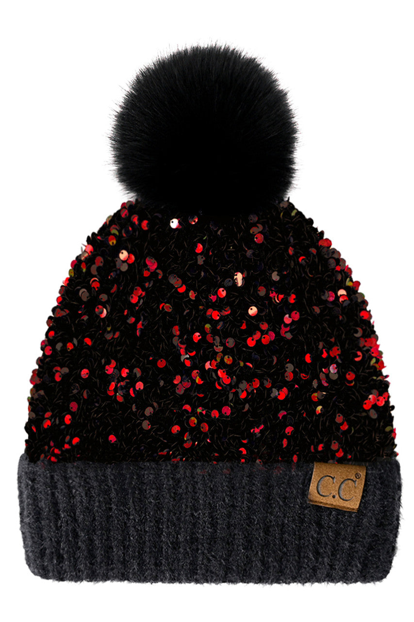 C.C Women's Sequin Fur Pom Beanie