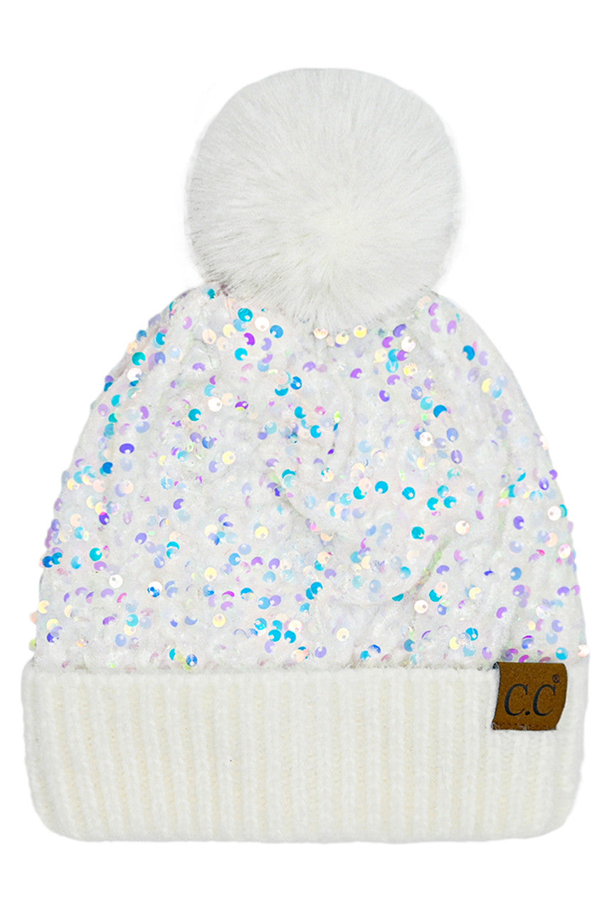C.C Women's Sequin Fur Pom Beanie