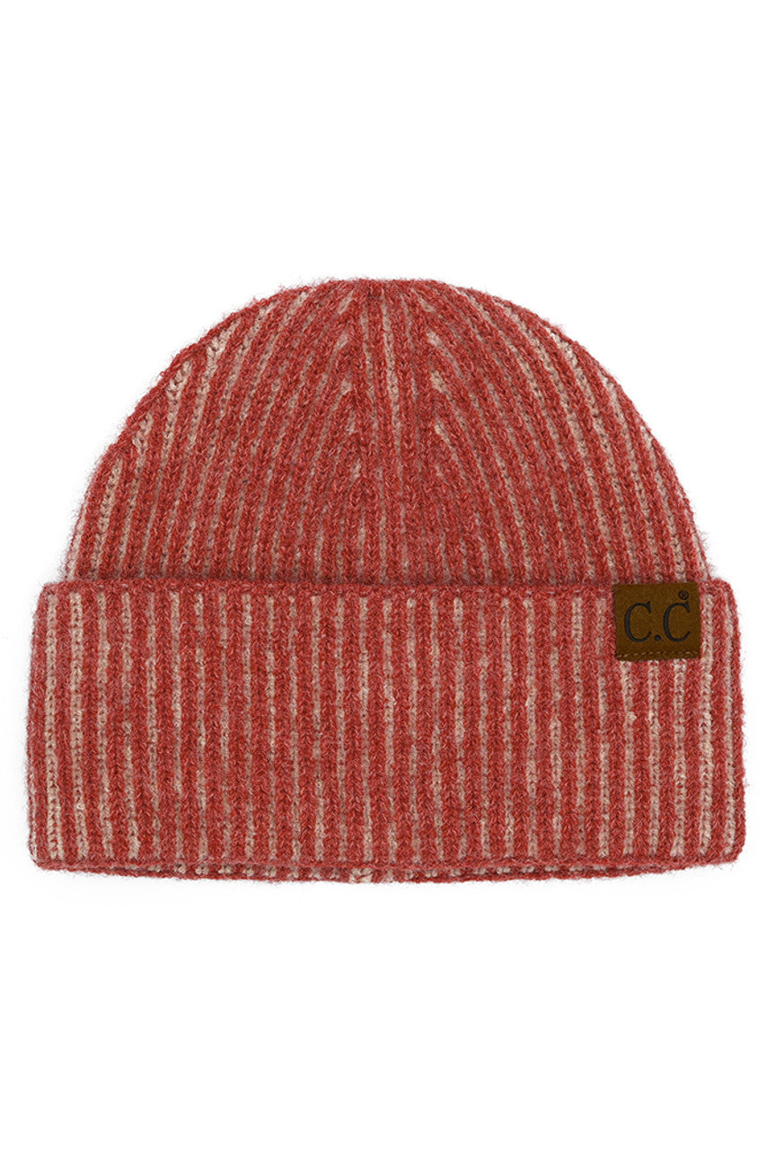 C.C Contrast Color Stripes Cuff Beanie