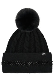 C.C Pearl Rhinestone Embellishment Beanie with Fur Pom