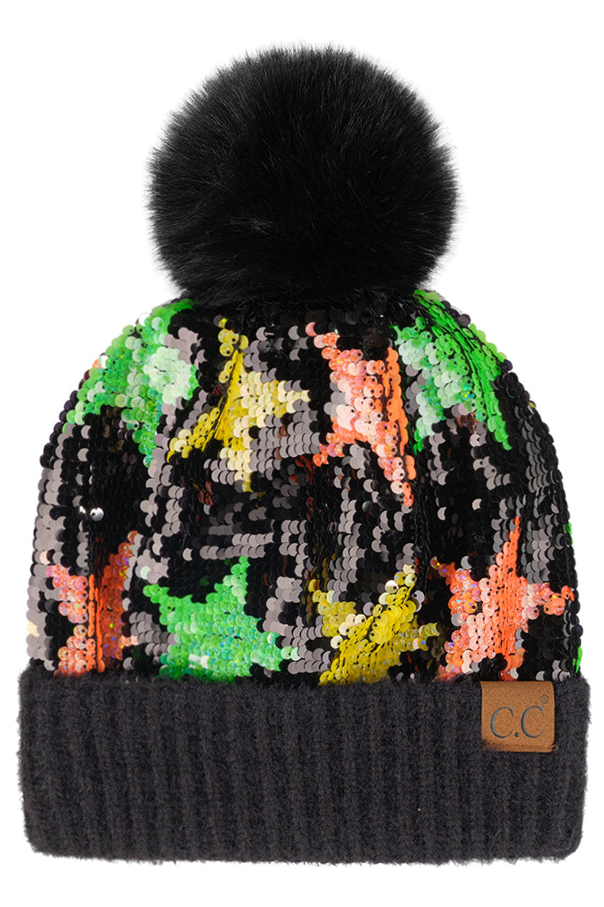 C.C Sequin Starry Night Pom Beanie