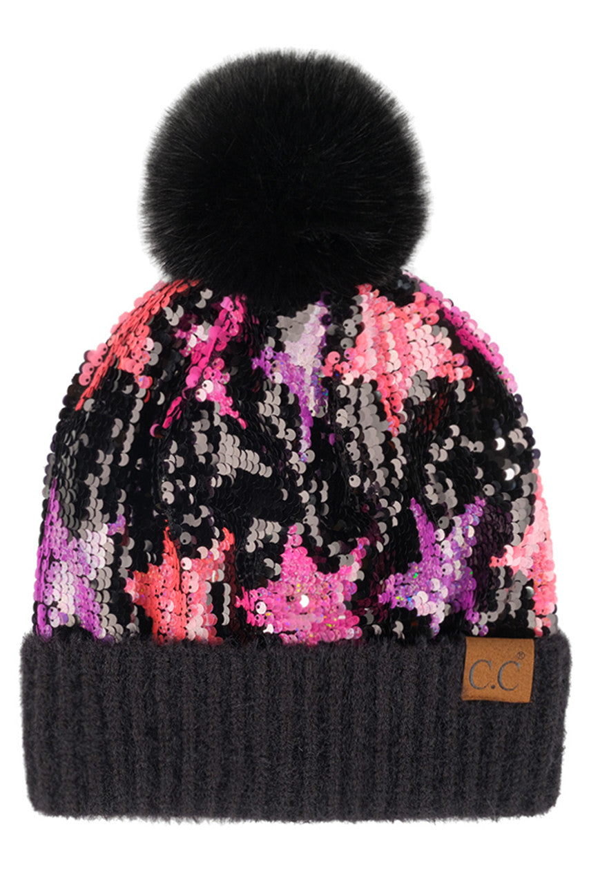 C.C Sequin Starry Night Pom Beanie