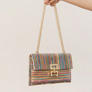 Bag ladies holiday shoulder bag, chain flip lock square purse, straw bag hobo shoulder bag women