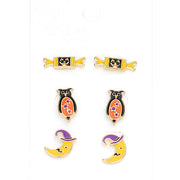 3Pairs - Enamel Pumpkin Candy Owl Crescent Moon Stud Earrings