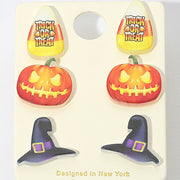 3Pairs - Halloween Candy Corn Pumpkin Witch Hat Stud Earring Set