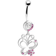 Pink Gem Flower Butterfly Swirl Dangle Belly Ring