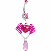 Pink Winged Heart Teardrop Gem Dangle Belly Ring