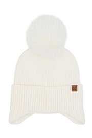 C.C Earflap Pom Knit Solid Beanie