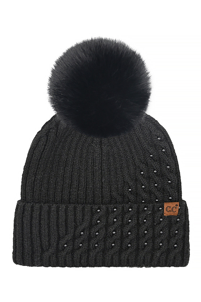 C.C Cable Pom With Pearl Embellishments Beanie