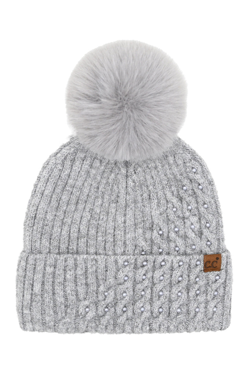C.C Cable Pom With Pearl Embellishments Beanie
