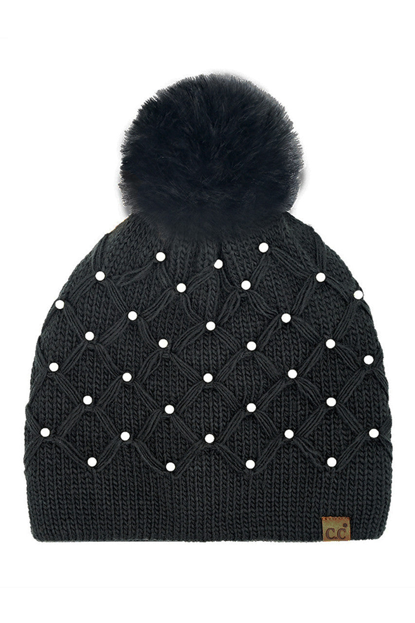 C.C Allover Pearl Crochet Pom Beanie