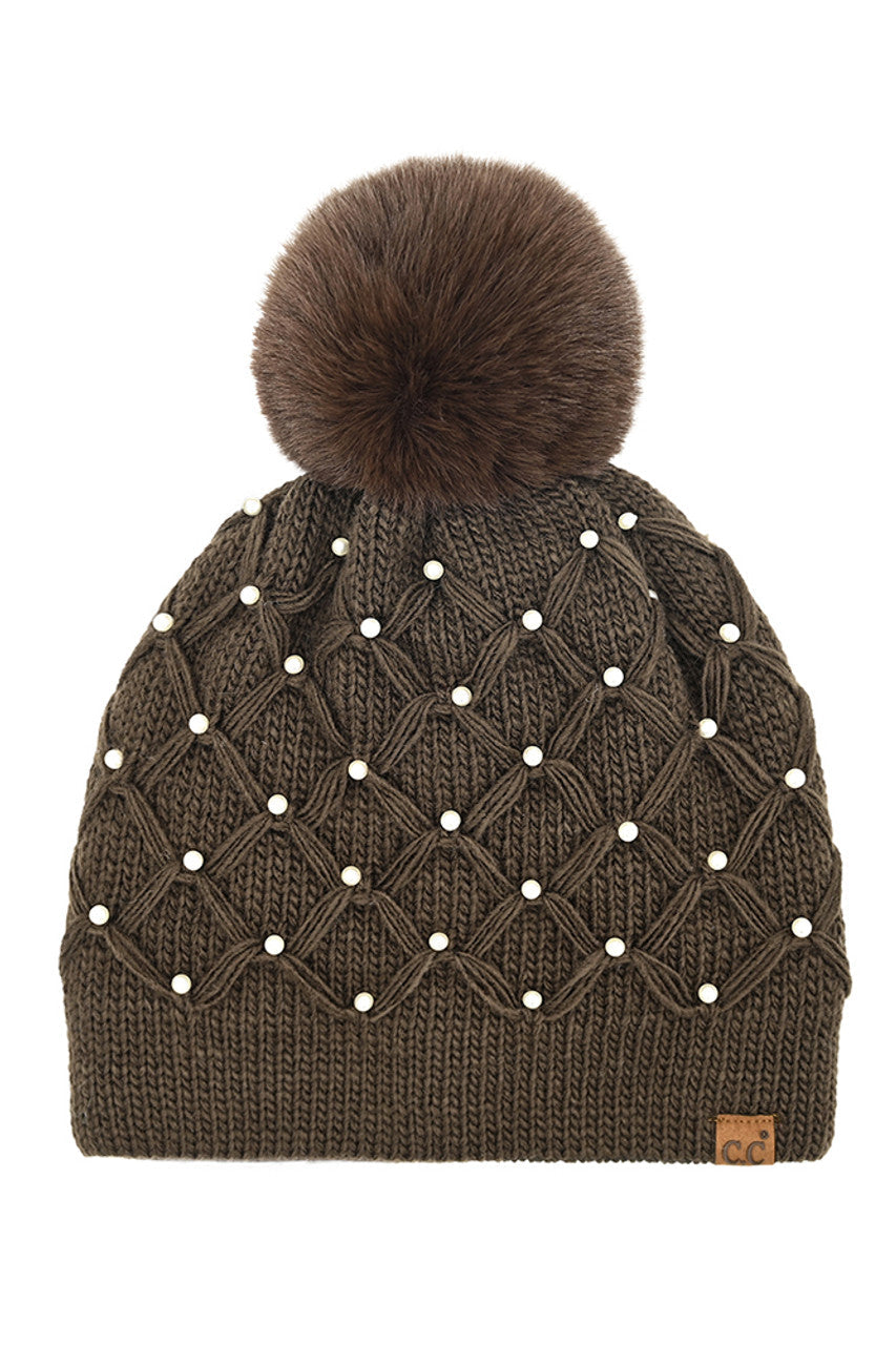 C.C Allover Pearl Crochet Pom Beanie