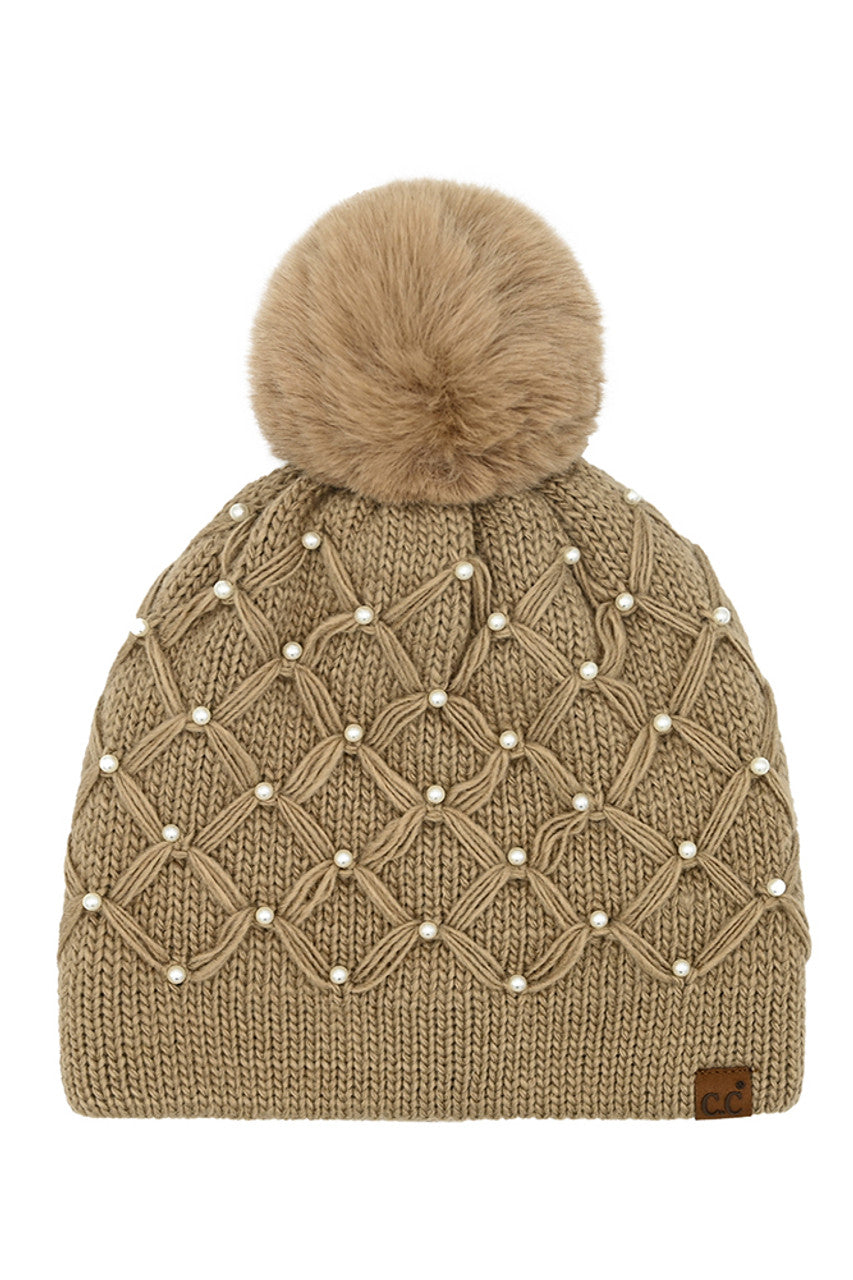 C.C Allover Pearl Crochet Pom Beanie