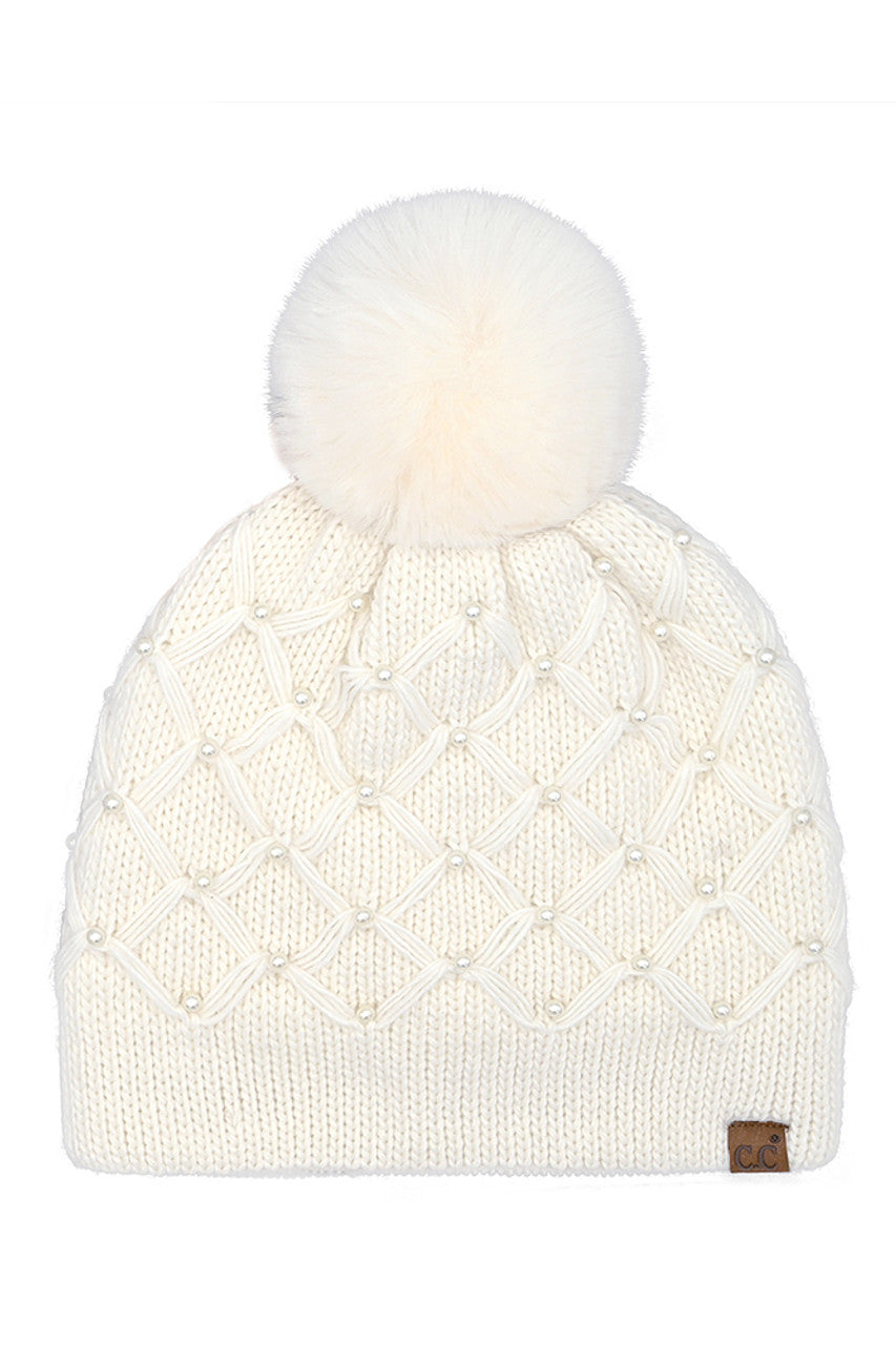 C.C Allover Pearl Crochet Pom Beanie
